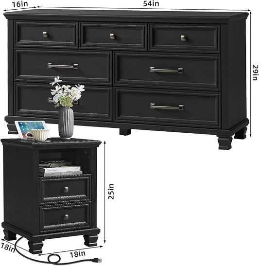 SAVOR LIFE Farmhouse Bedroom Dresser and Nightstand Set 3, 7 Drawer Dresser & 2 Drawer Nightstand Set, Rustic Wood Bedroom Furniture Set for Home, Hallway, Black