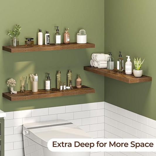 Fun Memories Floating Shelves for Wall 36 Inch Set of 3, Farmhouse Floating Shelves with Invisible Heavy Duty Bracket, 10 Inch Deep Bathroom Shelves for Storage, Living Room, Kitchen, Decor, Brown