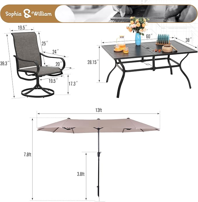 Sophia & William Patio Set with Umbrella 8 Pieces Outdoor Dining Set for 6 with 13ft Double-Sided Umbrella Beige, 6 x Swivel Patio Chairs Brown, 1 Metal Table for Lawn Garden (No Umbrella Base)