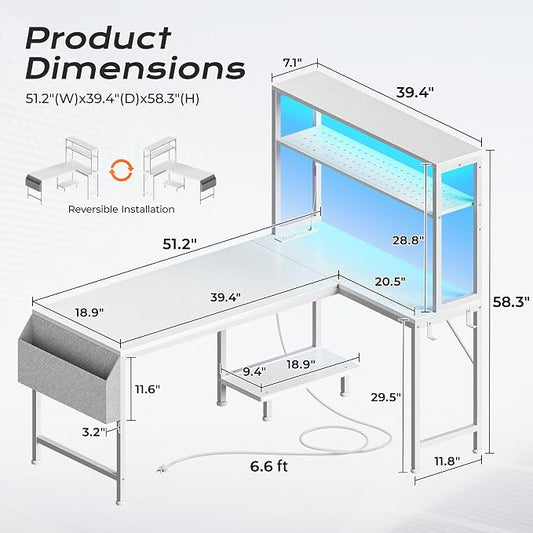 PRAISUN L Shaped Gaming Desk with LED Lights & Power Outlets, Reversible Computer Desk with Storage Shelves & Bag, Large Corner Home Office Desk with Pegboard for Work from Home, White
