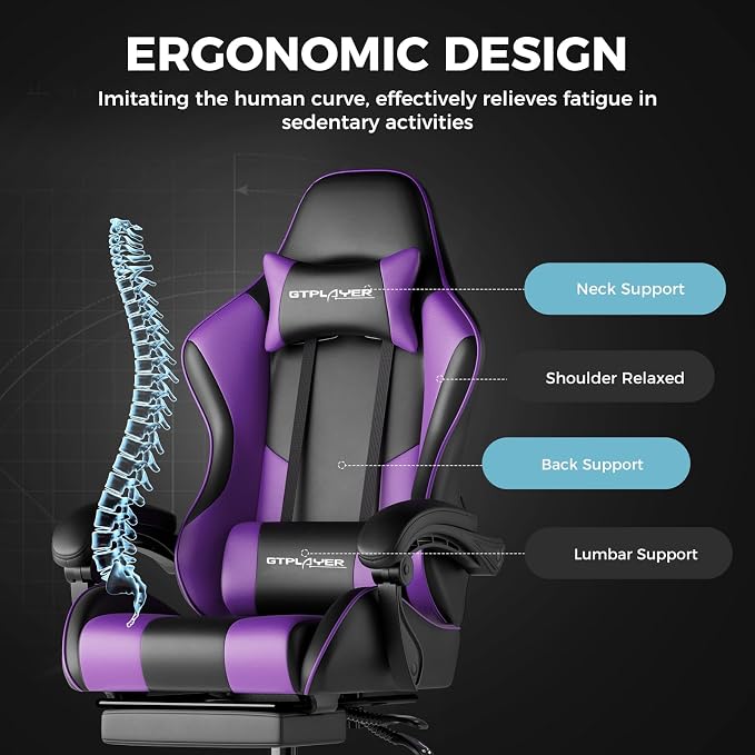GTPLAYER Gaming Chair, Computer Chair with Footrest and Lumbar Support, Height Adjustable Game Chair with 360°-Swivel Seat and Headrest and for Office or Gaming (Faux Leather, Purple)