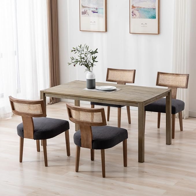 RIVOVA Rattan Dining Chairs Set of 4, Modern Fabric Upholstered Kitchen Chairs, Wooden Dining Room Chair Farmhouse Dinner Chair, Charcoal
