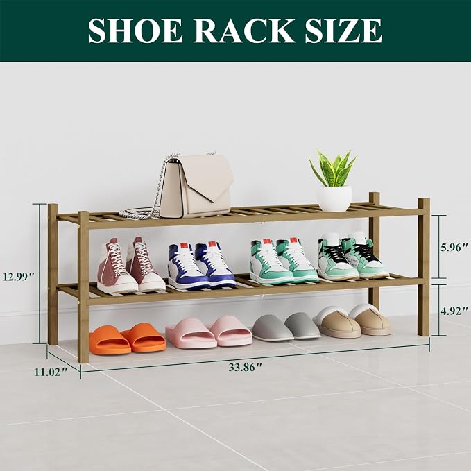 Smiry Long Bamboo Shoe Rack, 2 Tier Free Standing Wooden Shoe Organizer, Stackable Wood Shoe Storage Shelf for Closet, Entryway, 14 Vertical Slats, One-piece Heavy-Duty Legs, 33.7"x11"x13", Walnut