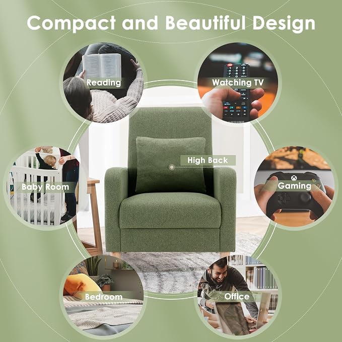 COLAMY Mid-Century Modern Accent Chair, Fabric Upholstered Living Room Chair with Back Pillow & Solid Wood Legs, Comfy Armchair for Living Room, Bedroom, Single Sofa, Green