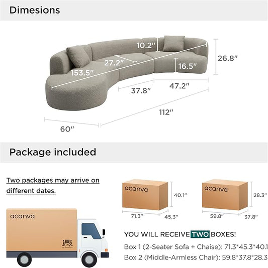 Acanva Formia Boucle Curved Sectional Sofa, 153" W Left Hand, Light Coffee | Modular Couch, Modern Minimalist, Wood Frame, For Living Room, Apartment, Home Office