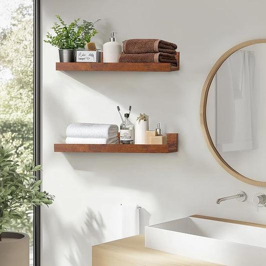 Muzilife 12" Small Floating Wall Ledge Shelves with Lip - Set of 4 Wood Floating Shelves - Walnut Brown Wall Mounted Picture Ledge for Office, Bathroom, Bedroom, Living Room, Kitchen