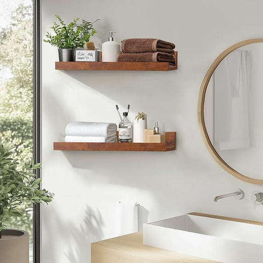 Muzilife 35.4" Large Floating Wall Ledge Shelves with Lip - Set of 2 Rustic Wood Floating Shelves - Honey Wall Mounted Picture Ledge for Office, Bathroom, Bedroom, Living Room, Kitchen