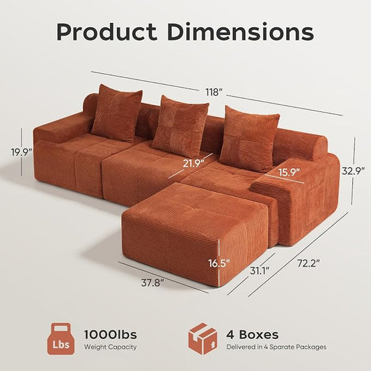 118" Sectional Boneless Oversize Modular Couches, Curved Cloud Sectional Sofa for Living Room, Corduroy L Shape Deep Seat Sofa with Ottoman, No Assembly Required,Terracotta Orange