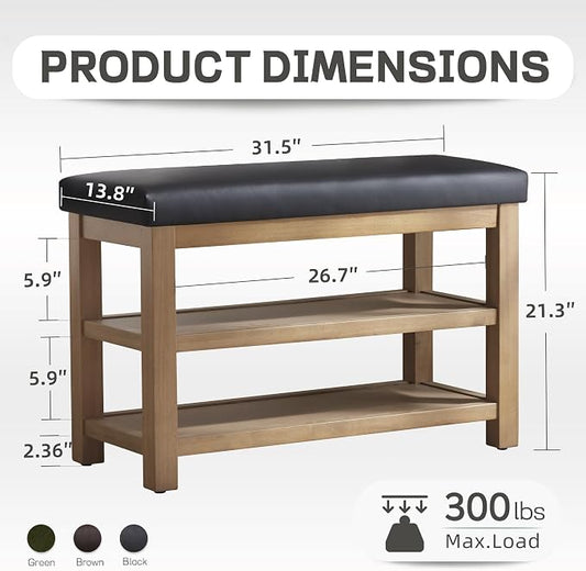 Zihanhome Shoe Rack Bench with Leather Cushion, 2 Tier Solid Wood Storage Bench, Mid-Century Modern Shoe Bench for Entryway, Hallway, Closet, Front Door Entrance, Foyer (Black, 31.5)