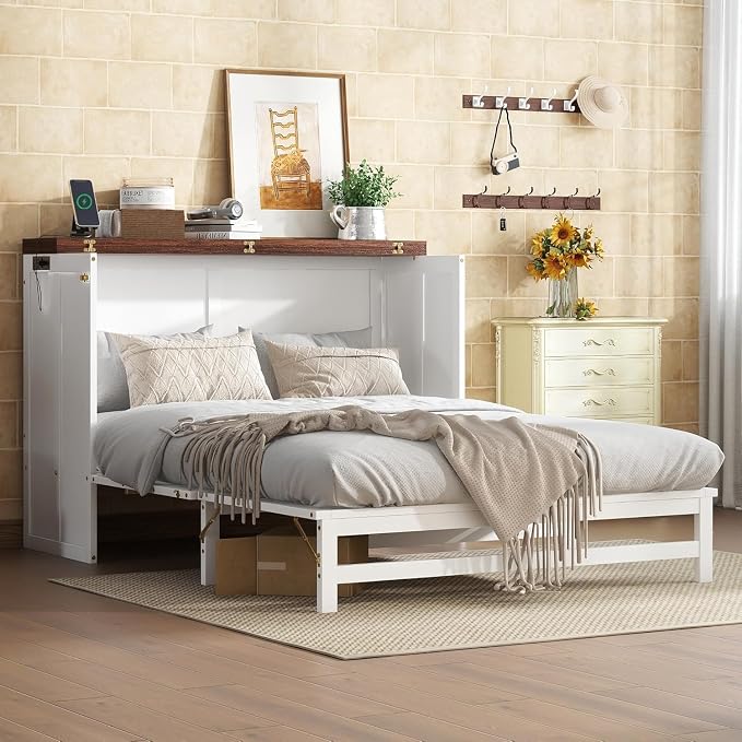 PVWIIK Full Size Murphy Bed with Storage Drawer and UPB,Solid Pine Cabinet Bedframe for Home Office, Guest Room,Multifunctional Bed,White&Walnut