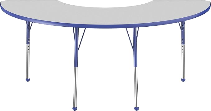 FDP Half Moon Activity School and Office Table (36 x 72 inch), Standard Legs with Ball Glides for Collaborative Seating Environments, Adjustable Height 19-30 inches - Gray Top and Blue Edge
