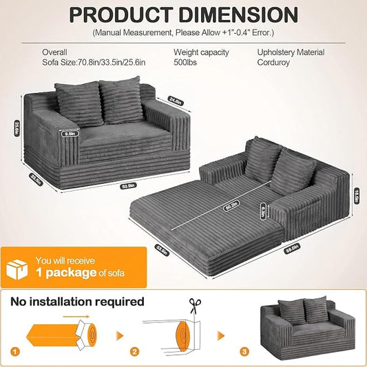 Erament Boneless Loveseat Convertible Sofa Bed, Folding Floor Futon Sleeper Sofa Couch Bed- Boneless Foldable Couch, Corduroy Pull Out Sofa Bed with 2 Pillows for Living Room & Bedroom