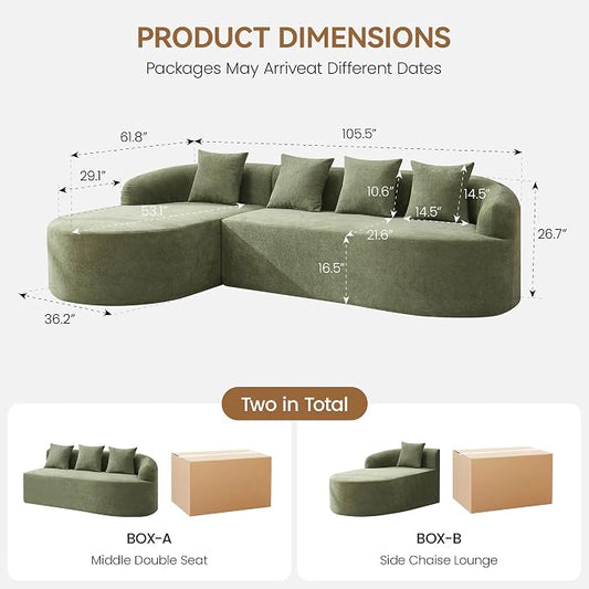Boneless L Shaped Sofa Couch, Oversized Sectional Curved Cloud Sofa with Chaise Lounge, Chenille 4 Seats Deep Seat Couches for Living Room, No Assembly, Green