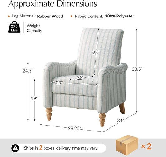 HULALA HOME Farmhouse Recliner Chairs Set of 2 with Solid Wood Spindle Legs, Striped Push Back Recliner Armchairs with Adjustable Backrest & Footrest, Comfy High Back Lazyboy Single Sofas, Blue