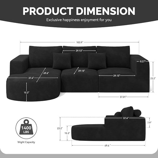 Boneless Couches for Living Room,Cloud Sectional Couch with L-Shape Chaise,Modern Modular Sofa with Deep Seat Upholstered Comfy Couches for Bedroom,No Assembly Required,1PCS