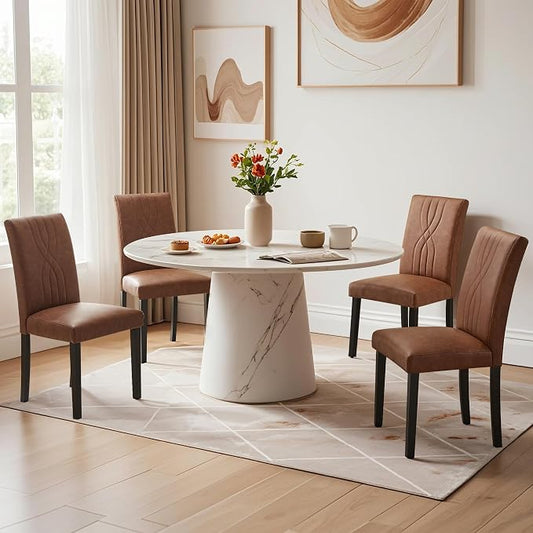 VECELO Upholstered Dining Chairs Set of 6, Modern PU Leather High Back Chairs with Solid Wood Legs for Kitchen and Living Room, Brown