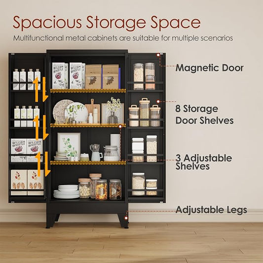 winiowa Metal Kitchen Pantry Storage Cabinet, Pantry Cabinet with Doors and Adjustable Shelves, Steel Storage Cabinet for Kitchen, Dining Room, Living Room-Black