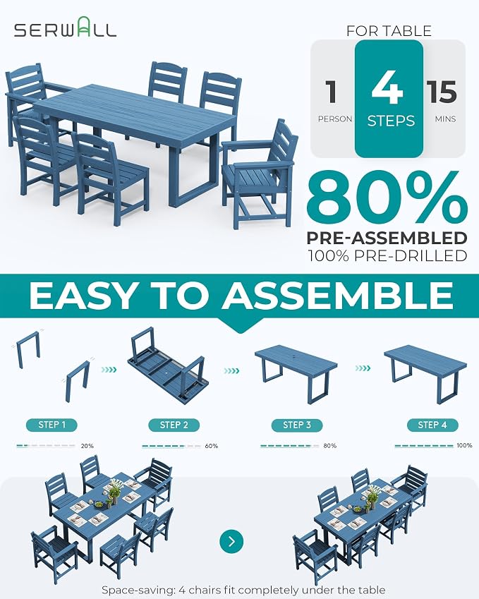 SERWALL HDPE Outdoor Dining Set for 6, 67'' Patio Table and Chairs Set | with Armless Seat