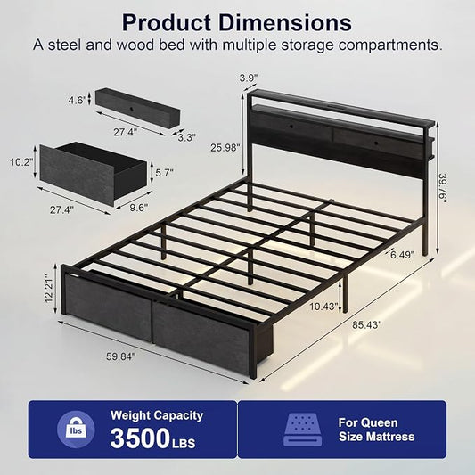 Queen Bed Frame with LED Lights and Charging Station, Platform Bed with Metal Slats, Wood Headboard with 2 Fabric Drawers and Storage Shelves, No Box Spring Needed