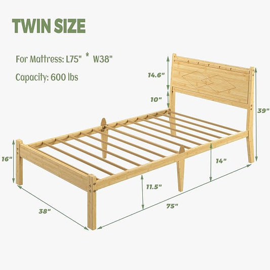 RLDVAY Bamboo Twin Bed Frames, 14 Inch Platform Bamboo Wood Bed with Tall Headboard, No Box Spring Needed, Heavy Duty Metal Slats, Easy Assembly, Noise Free, Twin Size Bed