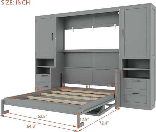 Merax Queen Size Murphy Bed with Desk, Multifunctional Foldable Wall Bed with Closet, Drawers and Shelves, Space-Saving Wood Platform Bed Frame for Small Spaces Studio Study Office Guest Room, Gray