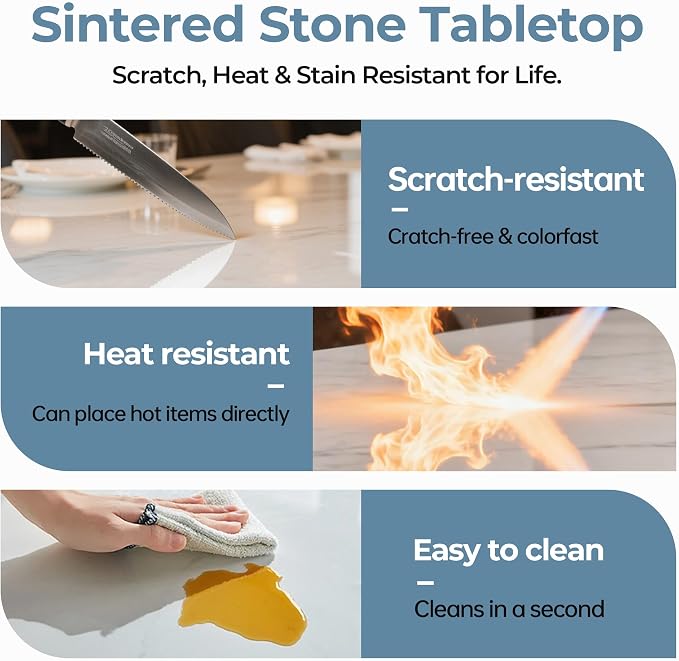 55" White Glossy Rectangular Sintered Stone Dining Table With Metal Legs | Versatile kitchen furniture for indoor and outdoor placement, matched with adjustable silent foot pads.