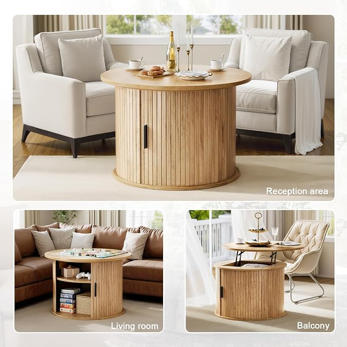 FABATO Round Lift Top Coffee Table, Fluted Wood Accent Coffee Table with Hidden Storage and Open Shelves, Drum Table with Sliding Rolling Door, Small Center Table Dining Table for Living Room, Wood