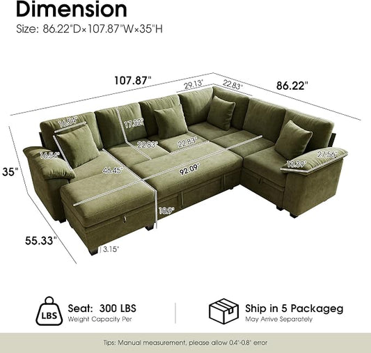 107.8" Modular Sectional Sleeper Sofa with Pull Out Bed, U Shaped 7 Seat Couch with 221L Storage, Convertible Cloud Couch Bed with Ottoman, Sectional Couches for Living Room, Apartment (Green)