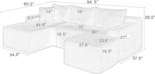 95-Inch U-Shaped Left Facing Corner Compressed Sofa Modular Sectional Boneless Cloud Sofa Floor Foam Couch W/Chaise Lounge & Ottoman, Corduroy Corner Boneless Cloud Couch