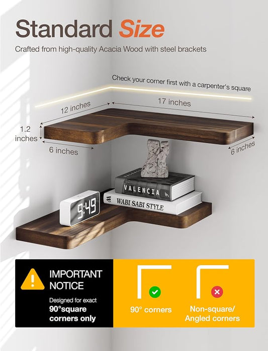 BATODA Acacia Wood Corner Floating Shelf 17” x 12”- Corner Shelf Wall Mounted - Floating Book Shelves for Wall - Corner Shelf for Home, Kitchen - with Brackets and Hardware (Walnut Color, 17" x 12")