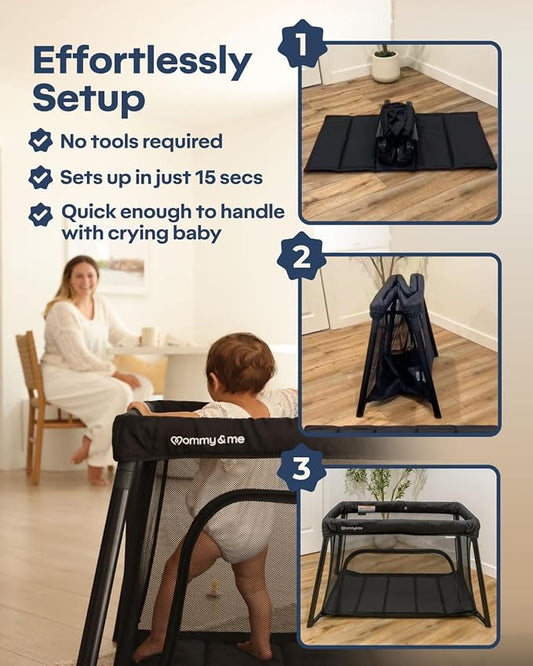 Mommy&Me Travel Crib for Baby and Toddler, Black | Lightweight 14 lb, Portable Playard, Folds in Seconds with Carry Bag, Breathable Mesh Sides, Easy Side-Zip Access