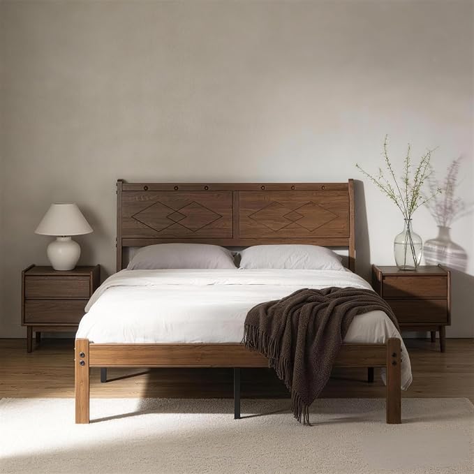 Askeld 14 inch Bamboo Full Bed Frame with Headboard, Light Cottagecore Solid Wood Platform Bed No Box Spring Needed, Easy Assembly, Noise Free, Light Walnut Color