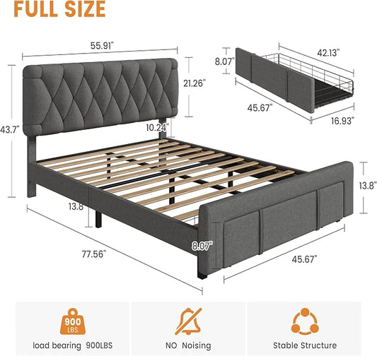 GarveeHome Full Size Bed Frame, Upholstered Platform Bed Frame with Storage Drawers, Mattress Foundation with Solid Wooden Slats Support, No Box Spring Needed, Grey