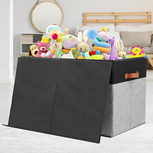 Gowee Large Toy Storage Box with Lid, Sturdy Toys Storage Chest Bin Organizer Basket with Dividers for Kids, Boys, Girls, Nursery, Closet, Bedroom, Playroom 26"x17" x17" (Black and Grey)