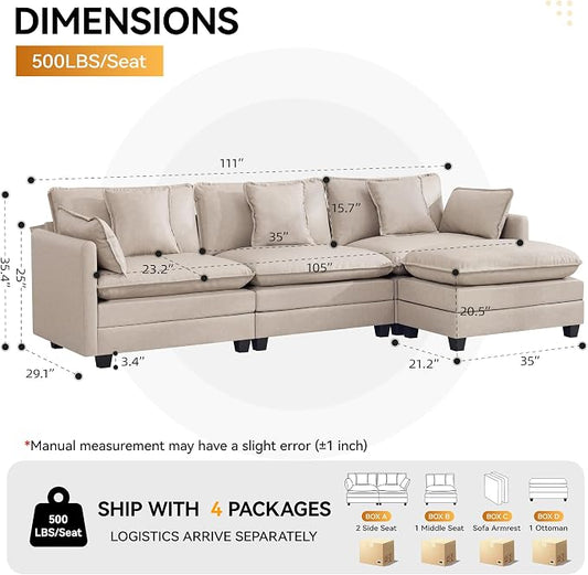 111'' Sectional Cloud Deep Seat Couch, Modern Comfy Leather L Shaped Sectional Sofa for Living Room Set, Upholstered Modular 4-Seats Sofa Couch with 1 Movable Ottoman, Leather Beige