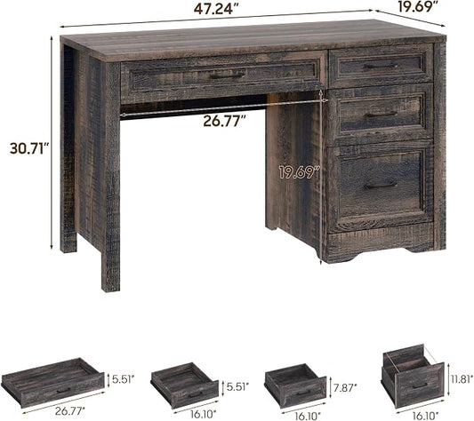 Vabches Farmhouse Executive Desk with Storage and Ample File Drawer, Rustic Large Home Writing Desk for Bedroom, Dark Oak