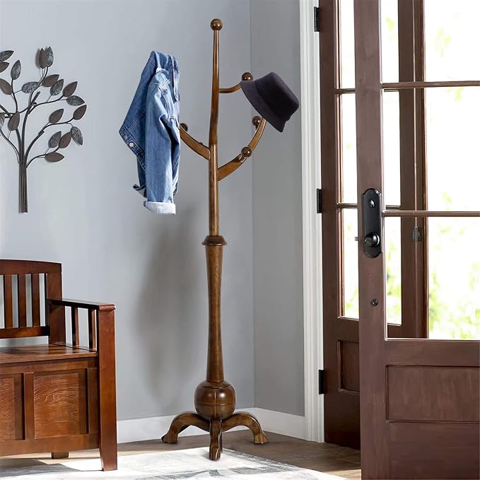 Coat Rack Freestanding Wood Coat Tree Rack with 8 Hooks, Creative Design Tree Branch-look, Standing Coat Rack Clothes Hanger Stand with Stury Base for Entryway, Hallway, Bedroom - Load 160lb (Walnut)