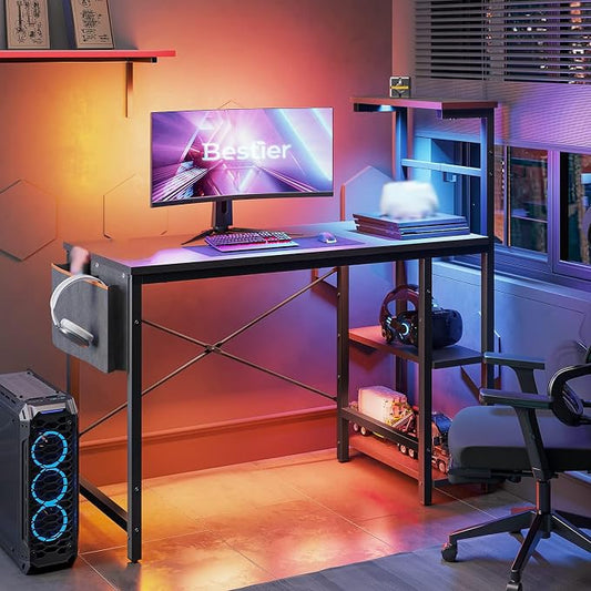 Bestier Gaming Desk with LED Lights, 44 Inch PC Gamer Desk for Small Spaces, Computer Desk with Reversible Storage Shelves & Side Storage Bag (Black Grained)