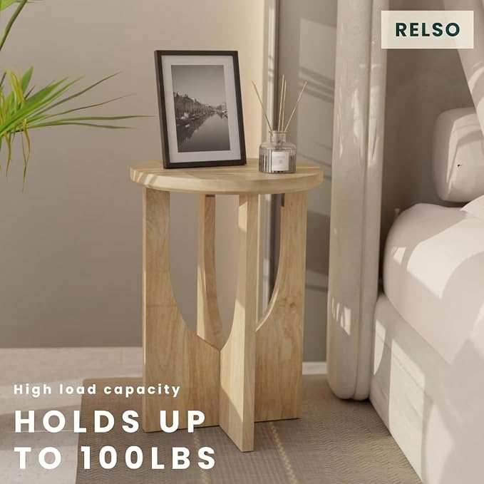 Relso Stupa Solid Wood End Table - 22" Tall Round Side Table, Natural Finish, Handcrafted, Effortless Assembly, Modern Look, Compact for Living Room or Bedroom, Space-Conscious Decor for Small Areas
