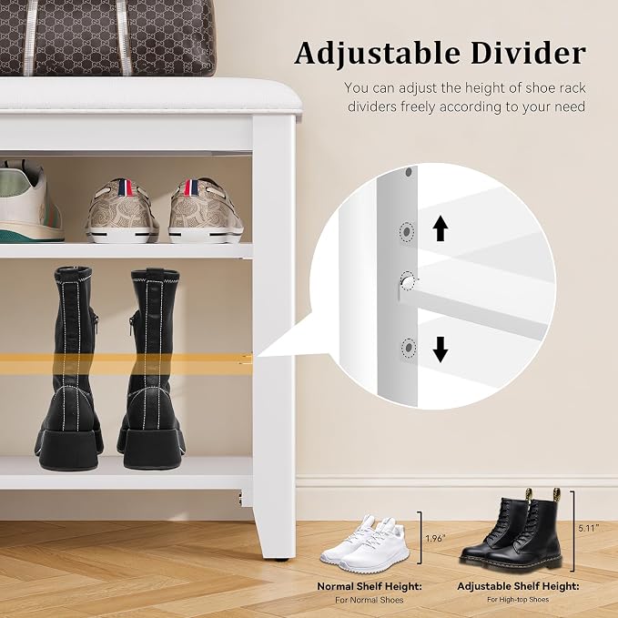 Entryway Shoe Storage Bench with Leather Cushion, Shoe Organizer Bench for Entryway, Ideal for Hallways Front Doors Entrances Mudrooms Featuring Rubberwood And 3 Height-Adjustable & Removable Shelve