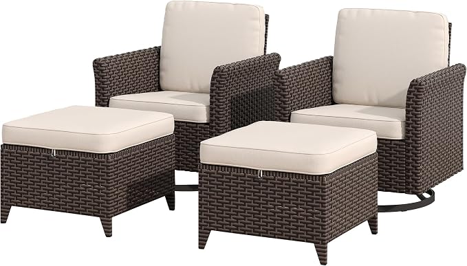 4 Pieces Patio Furniture Set, 2 High Back Swivel Chairs & 2 Ottomans, All-Weather PE Wicker Furniture with Waterproof Cushions for Deck, Garden, Porch