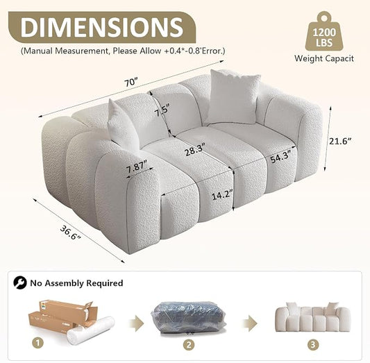 WHGBJA 70" Cloud Couch with Armset, Loveseat White Couch, Reclining | Chenille Fabric Sleeper Sofa, Recliner Couch Bed for Bedroom/Living Room, 2-3 Seater
