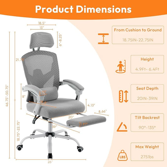 Ergonomic Office Chair with Footrest, Comfortable Desk Chair Gaming Chair with Leg Rest, Swivel Mesh Desk Chair with Headrest and Lumbar Support for Home, Office, Work, Study, Grey