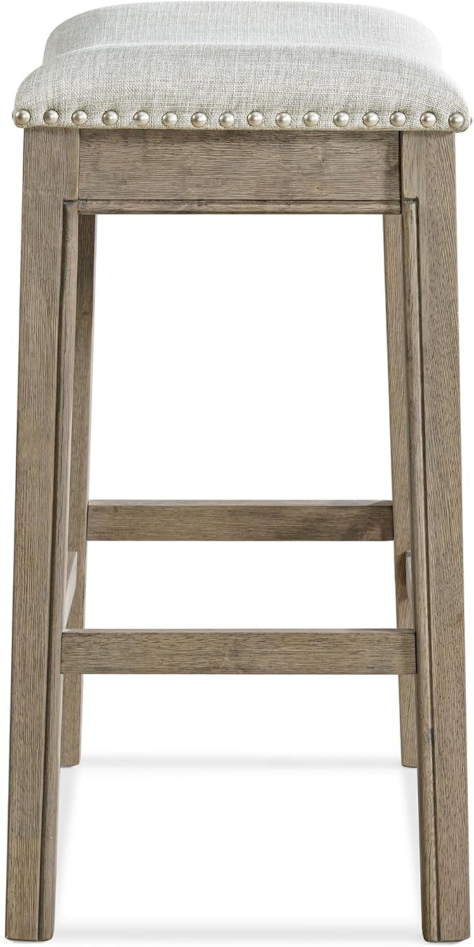 ROME + OAK Set of 4 Parker 26" Counter Stool, Backless Saddle Kitchen Barstool in Reclaimed Oak Finish with Ash Grey Fabric Upholstery Cushion Seat