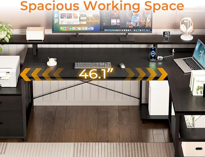ODK 75" L Shaped Desk with File Drawers, Work from Home Office Desk with Power Outlet, Reversible Computer Desk with Storage Shelves, Gaming Desk with Monitor Shelf, Corner WFM Table, Black