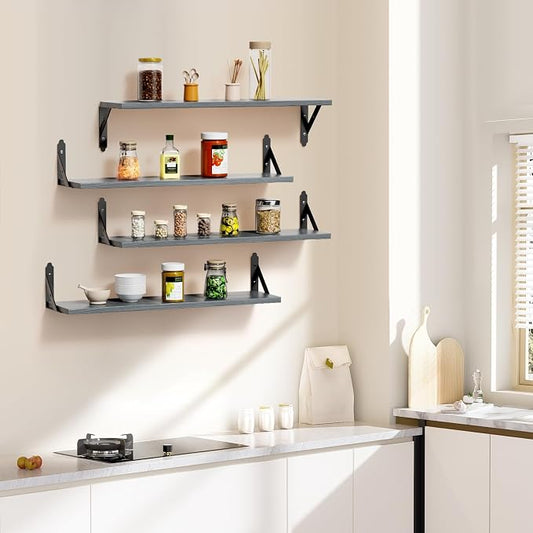 ROMGUAR CRAFT Wood Floating Shelves Set of 4, Rustic Storage Decor Wall Shelves, Wall Mounted Shelf for Living Room, Bedroom 23.6" x 6", Grey