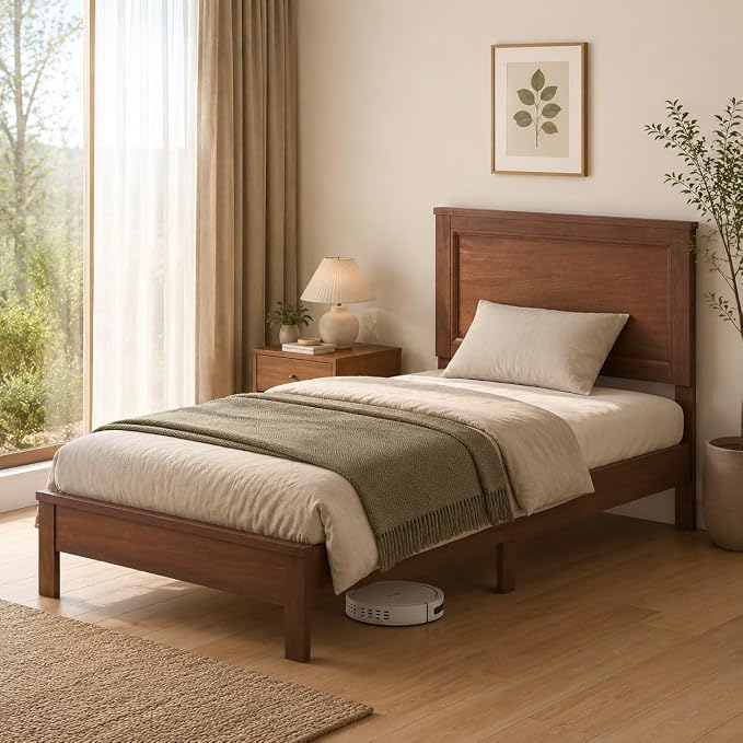 Wood Bed Frames with Headboard, Mid Century Bed Frame with Solid Wood Legs & Wooden Slat Support, Mattress Foundation Bed Base, No Box Spring Needed, (Walnut, Twin)