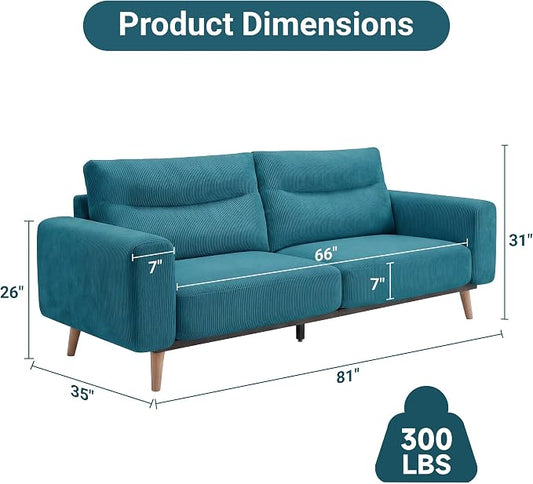 Claiks 81" Oversized Loveseat Sofa, Mid Century Modern Couch for Living Room, Bedroom & Apartment, Corduroy Upholstered 2-3 Seater Sofa with Sturdy Metal Frame, Easy Assembly, Blue