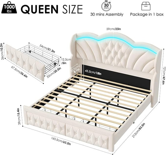 Keyluv Queen Bed Frame with LED Lights and 2 Storage Drawers, Velvet Upholstered Platform with 47" Tall Arc-Shaped Wingback Headboard and Button Tufted Design, No Box Spring Needed, Noise-Free, Beige