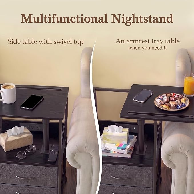 Faesun Swivel Lift Top Nightstand with Charging Station, Rolling Side Table for Recliner, Bedside Table with Wheels & 2 Fabric Drawers, for Small Spaces, for Bedroom, Living Room, Black Gray